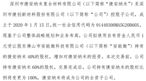 捷创新材拟使用自有资金1元受让股东安能微持有的捷安纳米40%的股权(图1) 捷创新材拟使用自有资金1元受让股东安能微持有的捷安纳米40%的股权(图1)